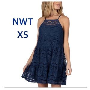 NWT (XS) speechless navy blue crochet lined skater dress racer back halter lace